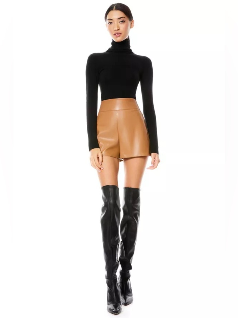 Alice & Olivia Shorts Womens 4 Donald Faux Vegan Leather High Rise Camel Tan New